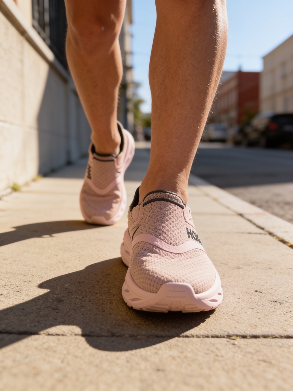 Hoka Slip-On Athletic Shoes in Light Pink with Black Accent